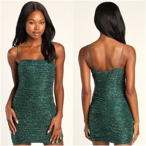 LULU’S Flirty Vibes Teal Sparkly Ruched Bodycon Mini Dress